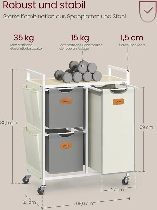 FurnStar - Wasmand 3 vakken, wasverzamelaar 100 l, wassorteerder, rollen, waswagen met plank, waszak, kleine zijzakken, 6 etiketten, natuurbeige-duifgrijs-crèmewit