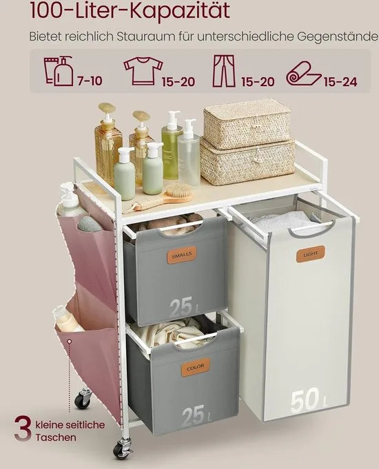 FurnStar - Wasmand 3 vakken, wasverzamelaar 100 l, wassorteerder, rollen, waswagen met plank, waszak, kleine zijzakken, 6 etiketten, natuurbeige-duifgrijs-crèmewit