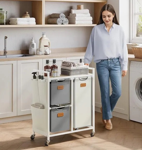 FurnStar - Wasmand 3 vakken, wasverzamelaar 100 l, wassorteerder, rollen, waswagen met plank, waszak, kleine zijzakken, 6 etiketten, natuurbeige-duifgrijs-crèmewit