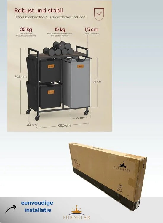 FurnStar Wasmand 3 Vakken – Wasverzamelaar met Rollen en Plank – 100L – Wassorteerder met 6 Etiketten – Kleine Zijzakken – 68,6 x 33 x 80,5 cm – Kastanjebruin, Inktzwart, Duifgrijs