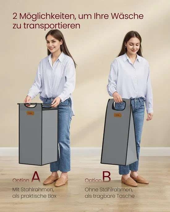 FurnStar Wasmand 3 Vakken – Wasverzamelaar met Rollen en Plank – 100L – Wassorteerder met 6 Etiketten – Kleine Zijzakken – 68,6 x 33 x 80,5 cm – Kastanjebruin, Inktzwart, Duifgrijs