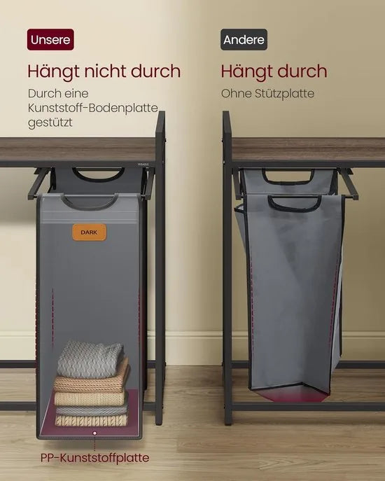 FurnStar Wasmand 3 Vakken – Wasverzamelaar met Rollen en Plank – 100L – Wassorteerder met 6 Etiketten – Kleine Zijzakken – 68,6 x 33 x 80,5 cm – Kastanjebruin, Inktzwart, Duifgrijs