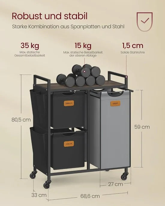 FurnStar Wasmand 3 Vakken – Wasverzamelaar met Rollen en Plank – 100L – Wassorteerder met 6 Etiketten – Kleine Zijzakken – 68,6 x 33 x 80,5 cm – Kastanjebruin, Inktzwart, Duifgrijs