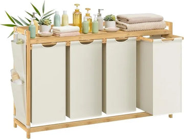 Furnstar wasmand - 4 vakken - Bamboe - Wasverzamelaar 200 l - Wassorteerder met plank -Waszak - Kleine zijzakken -4 x 50 l 1246 x 33 x 78 cm - Cremewit
