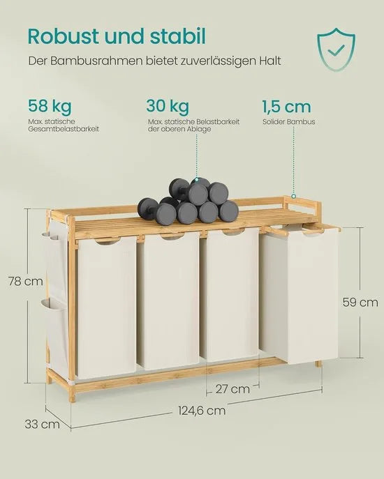 Furnstar wasmand - 4 vakken - Bamboe - Wasverzamelaar 200 l - Wassorteerder met plank -Waszak - Kleine zijzakken -4 x 50 l 1246 x 33 x 78 cm - Cremewit