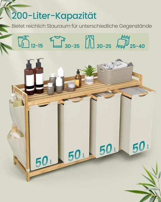 Furnstar wasmand - 4 vakken - Bamboe - Wasverzamelaar 200 l - Wassorteerder met plank -Waszak - Kleine zijzakken -4 x 50 l 1246 x 33 x 78 cm - Cremewit