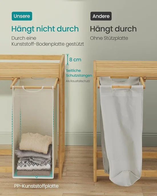 Furnstar wasmand - 4 vakken - Bamboe - Wasverzamelaar 200 l - Wassorteerder met plank -Waszak - Kleine zijzakken -4 x 50 l 1246 x 33 x 78 cm - Cremewit