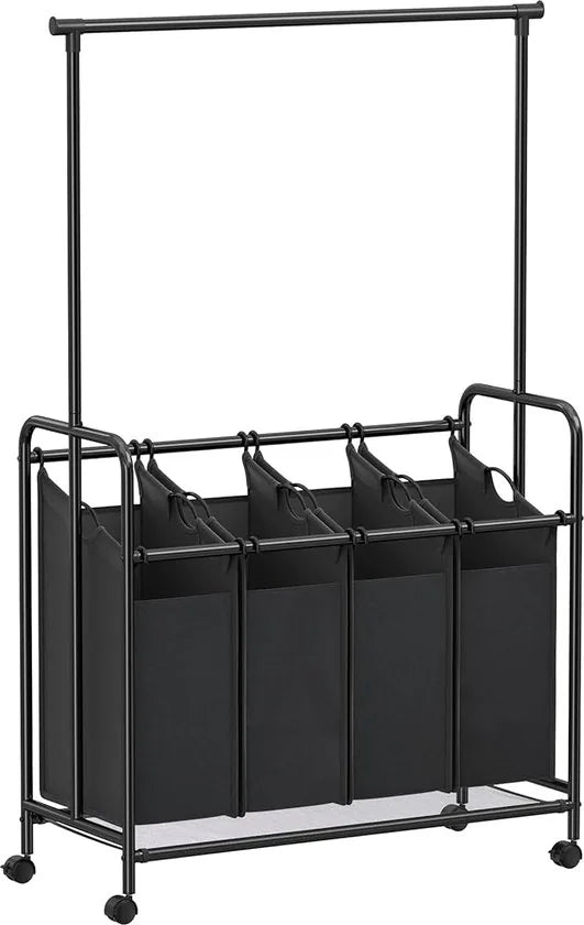 FurnStar - Wasmand - 4 vakken - Wassorteerder - Incl. Kledingstang - Op Wielen - 4x50L - Zwart