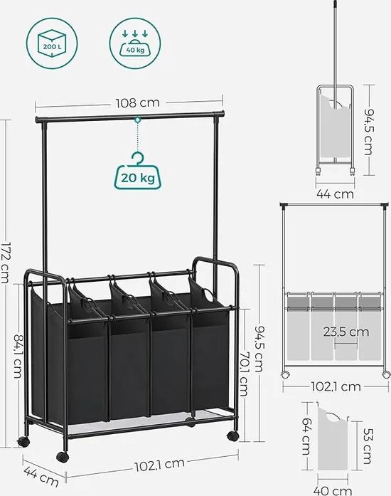 FurnStar - Wasmand - 4 vakken - Wassorteerder - Incl. Kledingstang - Op Wielen - 4x50L - Zwart