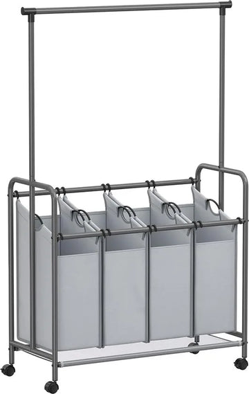 FurnStar - Wasmand 4 vakken - Wassorteerder - Incl. Kledingstang - Op Wieltjes - 4x50L - Grijs