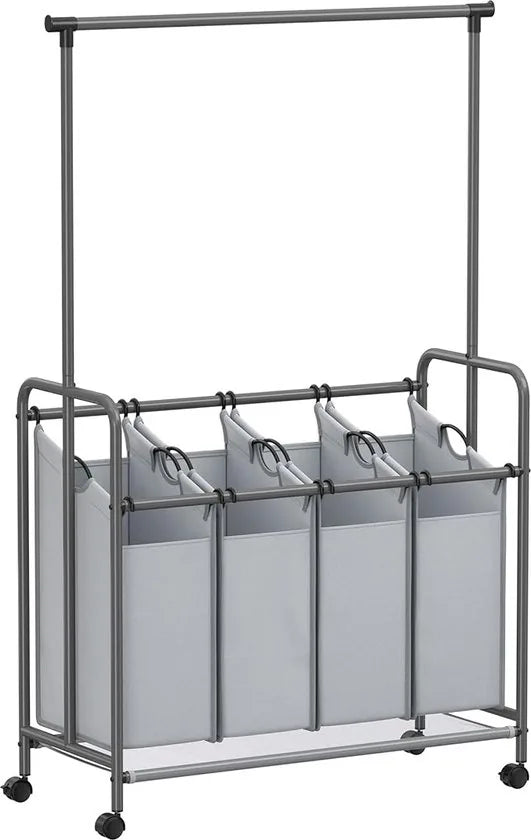 FurnStar - Wasmand 4 vakken - Wassorteerder - Incl. Kledingstang - Op Wieltjes - 4x50L - Grijs