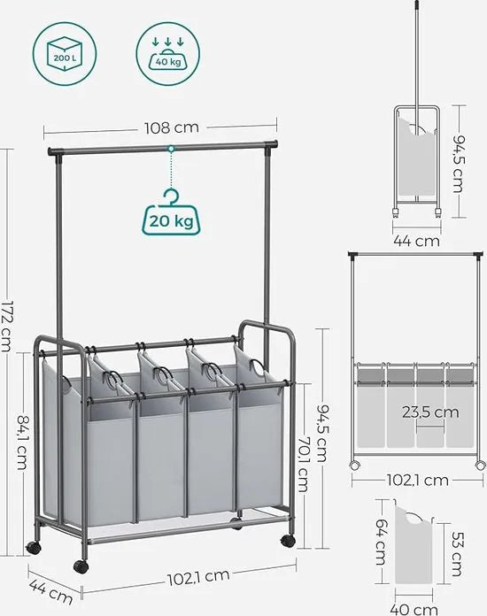 FurnStar - Wasmand 4 vakken - Wassorteerder - Incl. Kledingstang - Op Wieltjes - 4x50L - Grijs