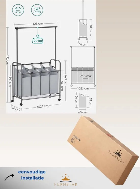 FurnStar - Wasmand 4 vakken - Wassorteerder - Incl. Kledingstang - Op Wieltjes - 4x50L - Grijs