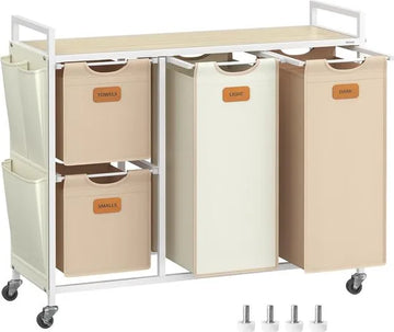 FurnStar - Wasmand 4 vakken - wasverzamelaar 150 l - wassorteerder - rollen - waswagen met plank - waszak - kleine zijzakken - 6 etiketten - 98,6 x 33 x 80,5 cm - natuurbeige-kameelbruin-crèmewit
