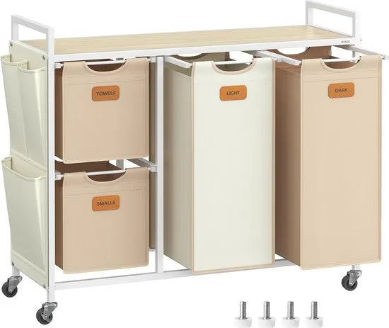 FurnStar - Wasmand 4 vakken - wasverzamelaar 150 l - wassorteerder - rollen - waswagen met plank - waszak - kleine zijzakken - 6 etiketten - 98,6 x 33 x 80,5 cm - natuurbeige-kameelbruin-crèmewit