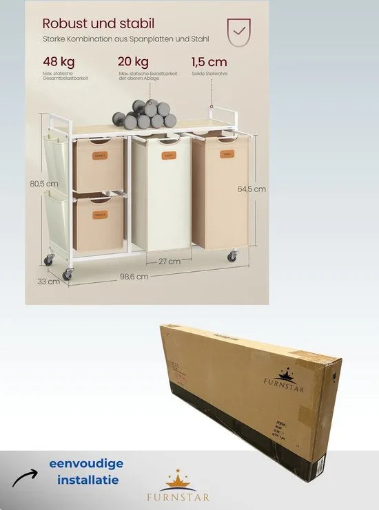 FurnStar - Wasmand 4 vakken - wasverzamelaar 150 l - wassorteerder - rollen - waswagen met plank - waszak - kleine zijzakken - 6 etiketten - 98,6 x 33 x 80,5 cm - natuurbeige-kameelbruin-crèmewit