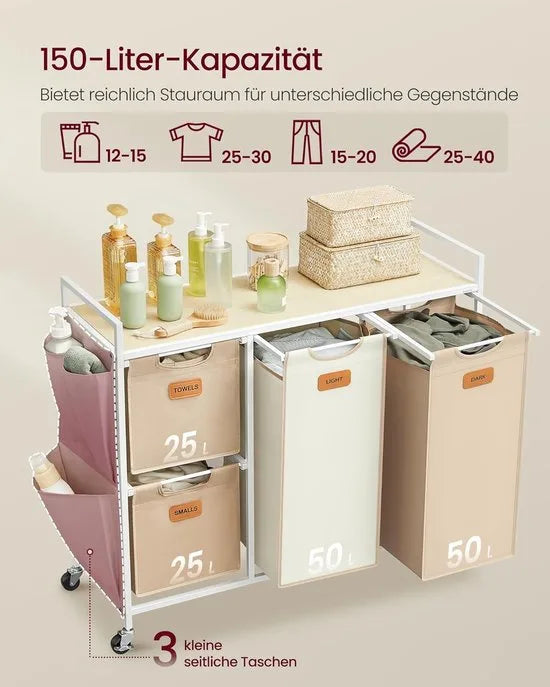 FurnStar - Wasmand 4 vakken - wasverzamelaar 150 l - wassorteerder - rollen - waswagen met plank - waszak - kleine zijzakken - 6 etiketten - 98,6 x 33 x 80,5 cm - natuurbeige-kameelbruin-crèmewit