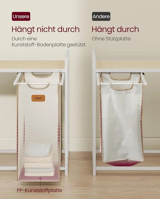 FurnStar - Wasmand 4 vakken - wasverzamelaar 150 l - wassorteerder - rollen - waswagen met plank - waszak - kleine zijzakken - 6 etiketten - 98,6 x 33 x 80,5 cm - natuurbeige-kameelbruin-crèmewit