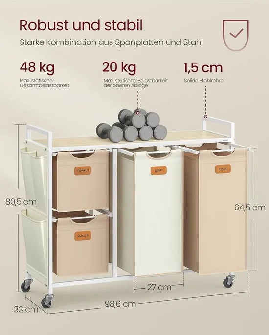 FurnStar - Wasmand 4 vakken - wasverzamelaar 150 l - wassorteerder - rollen - waswagen met plank - waszak - kleine zijzakken - 6 etiketten - 98,6 x 33 x 80,5 cm - natuurbeige-kameelbruin-crèmewit