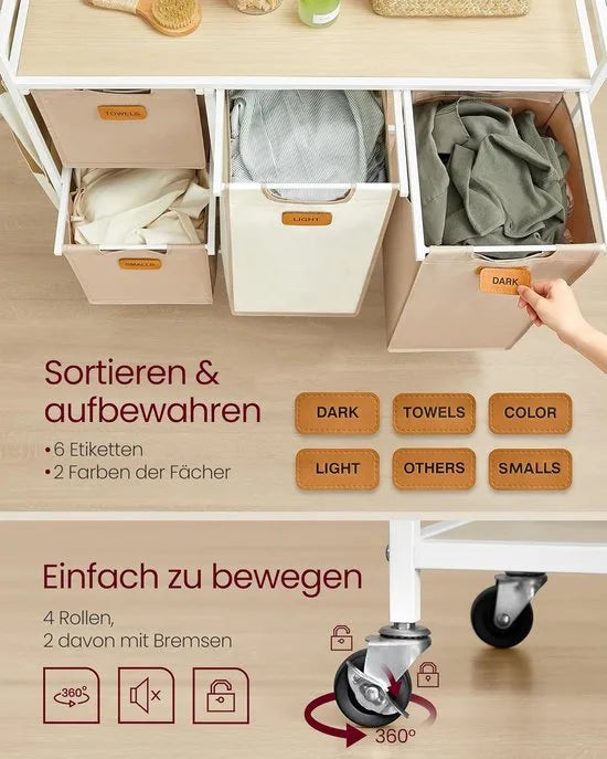 FurnStar - Wasmand 4 vakken - wasverzamelaar 150 l - wassorteerder - rollen - waswagen met plank - waszak - kleine zijzakken - 6 etiketten - 98,6 x 33 x 80,5 cm - natuurbeige-kameelbruin-crèmewit