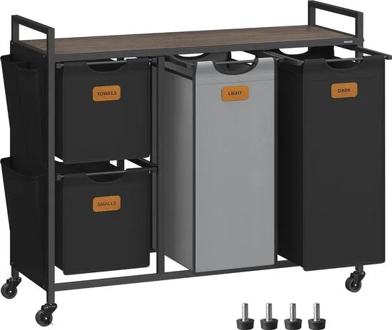 FurnStar - Wasmand 4 vakken - Wasverzamelaar 150 l - Wassorteerder - Waswagen met plank - Waszak - Kleine zijzakken - 6 etiketten - 98.6 x 33 x 80.5 cm - Kastanjebruin-Inktzwart-Duifgrijs