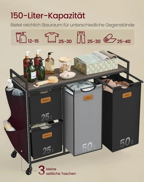 FurnStar - Wasmand 4 vakken - Wasverzamelaar 150 l - Wassorteerder - Waswagen met plank - Waszak - Kleine zijzakken - 6 etiketten - 98.6 x 33 x 80.5 cm - Kastanjebruin-Inktzwart-Duifgrijs