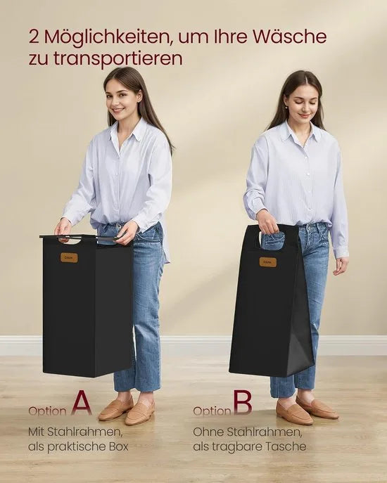 FurnStar - Wasmand 4 vakken - Wasverzamelaar 150 l - Wassorteerder - Waswagen met plank - Waszak - Kleine zijzakken - 6 etiketten - 98.6 x 33 x 80.5 cm - Kastanjebruin-Inktzwart-Duifgrijs