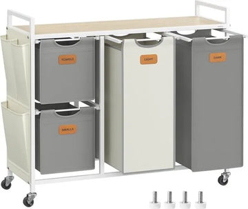 FurnStar Wasmand 4 Vakken – Wasverzamelaar 150L – Wassorteerder met Rollen en Plank – Waszakken met Kleine Zijzakken – 6 Etiketten – 98,6 x 33 x 80,5 cm – Natuurbeige - Duifgrijs-CrèmewitNatuurbeige - Duifgrijs-Crèmewit
