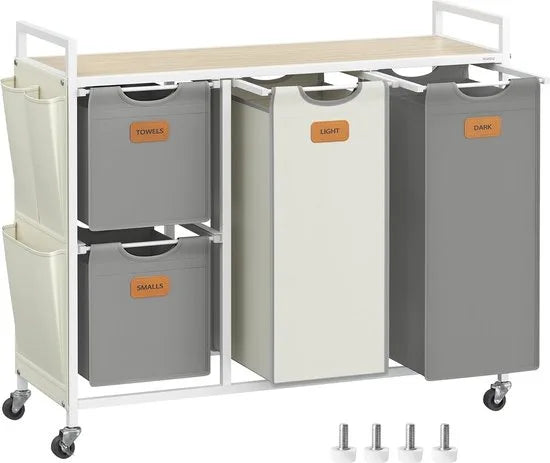 FurnStar Wasmand 4 Vakken – Wasverzamelaar 150L – Wassorteerder met Rollen en Plank – Waszakken met Kleine Zijzakken – 6 Etiketten – 98,6 x 33 x 80,5 cm – Natuurbeige - Duifgrijs-CrèmewitNatuurbeige - Duifgrijs-Crèmewit