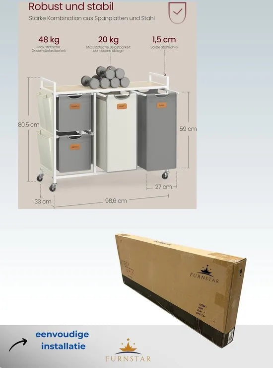 FurnStar Wasmand 4 Vakken – Wasverzamelaar 150L – Wassorteerder met Rollen en Plank – Waszakken met Kleine Zijzakken – 6 Etiketten – 98,6 x 33 x 80,5 cm – Natuurbeige - Duifgrijs-CrèmewitNatuurbeige - Duifgrijs-Crèmewit