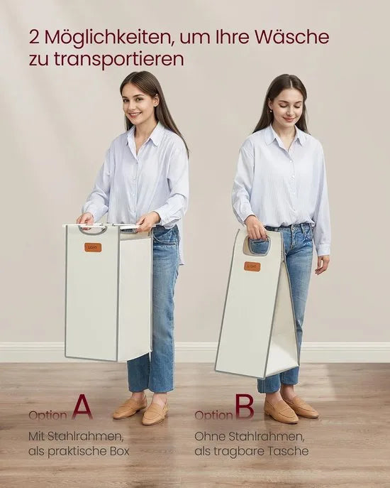 FurnStar Wasmand 4 Vakken – Wasverzamelaar 150L – Wassorteerder met Rollen en Plank – Waszakken met Kleine Zijzakken – 6 Etiketten – 98,6 x 33 x 80,5 cm – Natuurbeige - Duifgrijs-CrèmewitNatuurbeige - Duifgrijs-Crèmewit