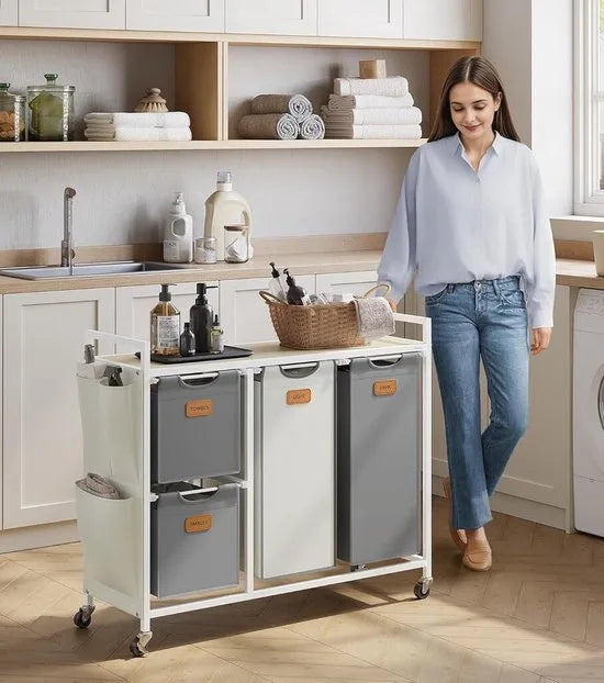 FurnStar Wasmand 4 Vakken – Wasverzamelaar 150L – Wassorteerder met Rollen en Plank – Waszakken met Kleine Zijzakken – 6 Etiketten – 98,6 x 33 x 80,5 cm – Natuurbeige - Duifgrijs-CrèmewitNatuurbeige - Duifgrijs-Crèmewit