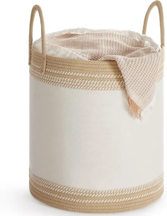 Furnstar Wasmand - 60 Liter - Opbergmand met Deksel - Katoenen Touw - Trekkoord - Handvatten - Voor Kleding en Dekens - Bruin RLH060K01