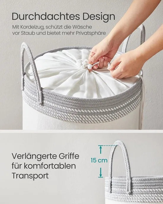 Furnstar Wasmand - 60 Liter - Opbergmand met Deksel - Katoenen Touw - Trekkoord - Handvatten - Voor Kleding en Dekens - Duifgrijs