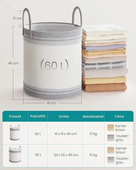 Furnstar Wasmand - 60 Liter - Opbergmand met Deksel - Katoenen Touw - Trekkoord - Handvatten - Voor Kleding en Dekens - Bruin RLH060K01 – Duifgrijs