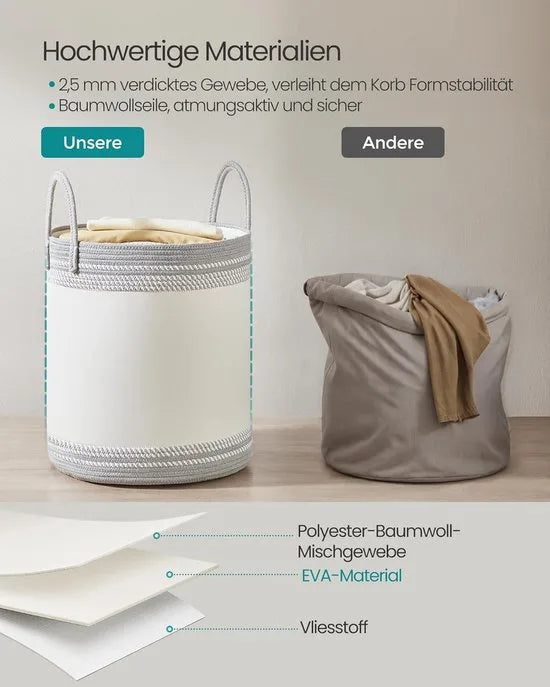 Furnstar Wasmand - 60 Liter - Opbergmand met Deksel - Katoenen Touw - Trekkoord - Handvatten - Voor Kleding en Dekens - Bruin RLH060K01 – Duifgrijs