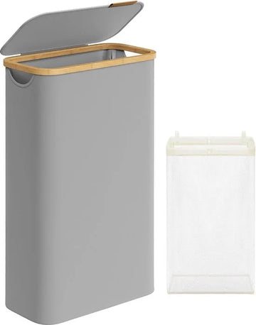 FurnStar - Wasmand - 65 liter - wasverzamelaar met deksel - opvouwbaar - uitneembare waszak - Oxford-weefsel - handgrepen van bamboe - inklapbaar - 42 x 22,5 x 70,5 cm - duifgrijs