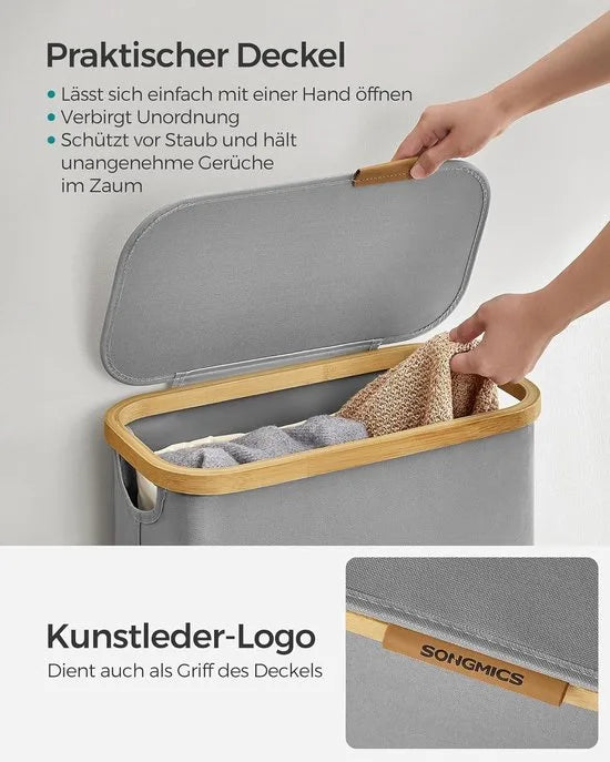 FurnStar - Wasmand - 65 liter - wasverzamelaar met deksel - opvouwbaar - uitneembare waszak - Oxford-weefsel - handgrepen van bamboe - inklapbaar - 42 x 22,5 x 70,5 cm - duifgrijs