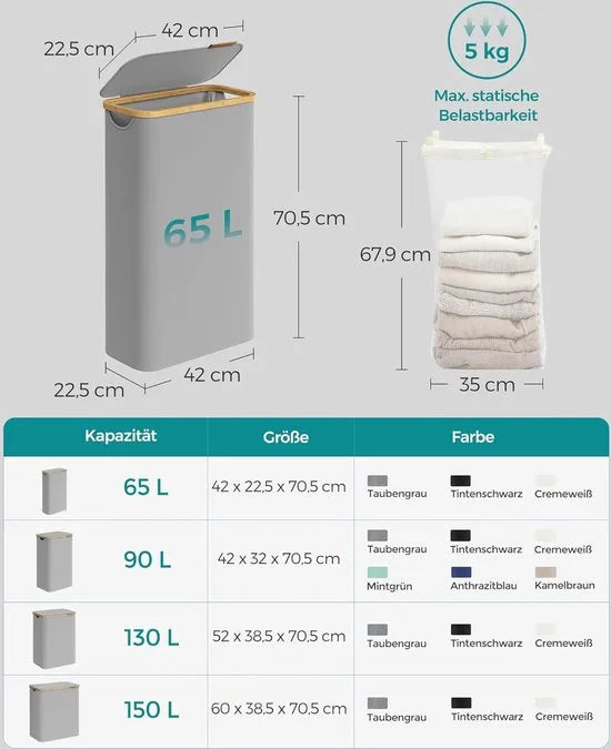 FurnStar - Wasmand - 65 liter - wasverzamelaar met deksel - opvouwbaar - uitneembare waszak - Oxford-weefsel - handgrepen van bamboe - inklapbaar - 42 x 22,5 x 70,5 cm - duifgrijs