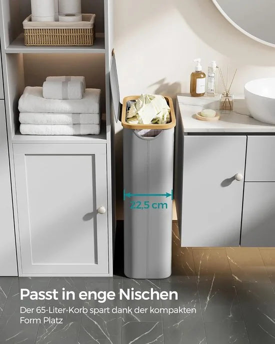 FurnStar - Wasmand - 65 liter - wasverzamelaar met deksel - opvouwbaar - uitneembare waszak - Oxford-weefsel - handgrepen van bamboe - inklapbaar - 42 x 22,5 x 70,5 cm - duifgrijs