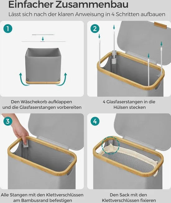 FurnStar - Wasmand - 65 liter - wasverzamelaar met deksel - opvouwbaar - uitneembare waszak - Oxford-weefsel - handgrepen van bamboe - inklapbaar - 42 x 22,5 x 70,5 cm - duifgrijs
