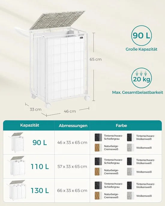 Furnstar - Wasmand - 90 l - Opvouwbare wasverzamelaar met wieltjes - Wasbox - Waswagen met deksel - Uitneembare waszak - 46 x 33 x 65 cm - Wolkenwit - LCB290W01