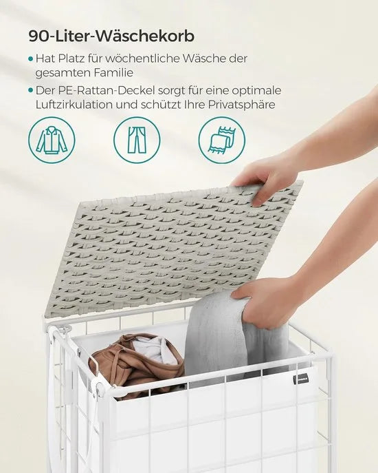 Furnstar - Wasmand - 90 l - Opvouwbare wasverzamelaar met wieltjes - Wasbox - Waswagen met deksel - Uitneembare waszak - 46 x 33 x 65 cm - Wolkenwit - LCB290W01