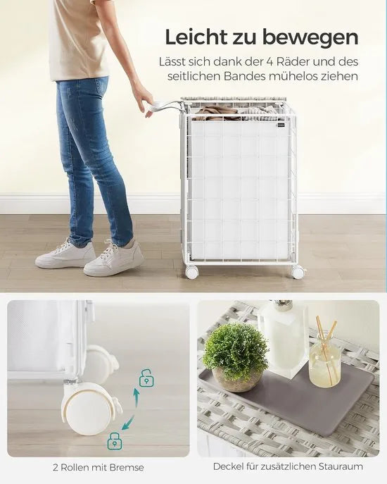 Furnstar - Wasmand - 90 l - Opvouwbare wasverzamelaar met wieltjes - Wasbox - Waswagen met deksel - Uitneembare waszak - 46 x 33 x 65 cm - Wolkenwit - LCB290W01