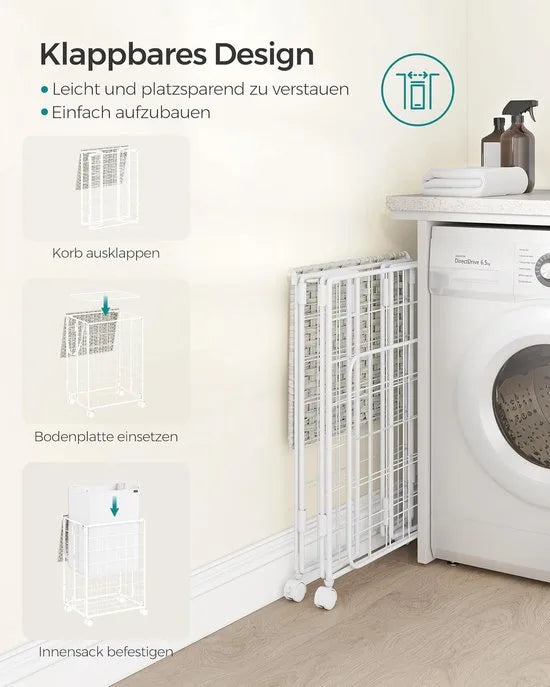 Furnstar - Wasmand - 90 l - Opvouwbare wasverzamelaar met wieltjes - Wasbox - Waswagen met deksel - Uitneembare waszak - 46 x 33 x 65 cm - Wolkenwit - LCB290W01