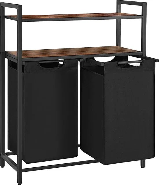 Furnstar Wasmand 92L – 2 Compartimenten – Met 2 Planken – Uitschuifbare Waszakken – Stevig Metalen Frame – Vintage Bruin/Zwart