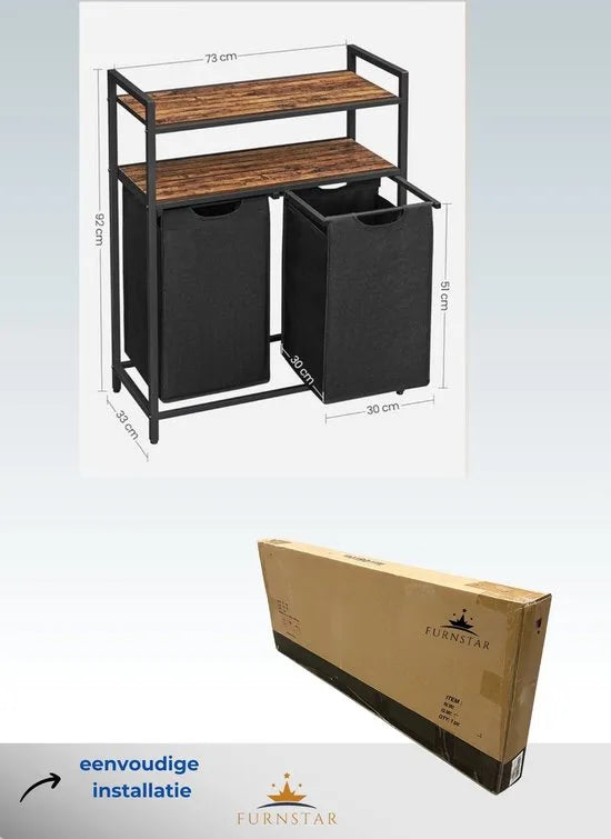 Furnstar Wasmand 92L – 2 Compartimenten – Met 2 Planken – Uitschuifbare Waszakken – Stevig Metalen Frame – Vintage Bruin/Zwart