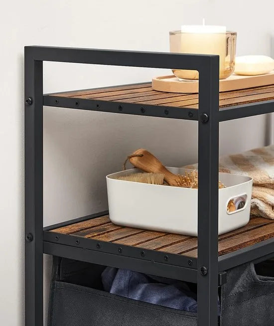Furnstar Wasmand 92L – 2 Compartimenten – Met 2 Planken – Uitschuifbare Waszakken – Stevig Metalen Frame – Vintage Bruin/Zwart