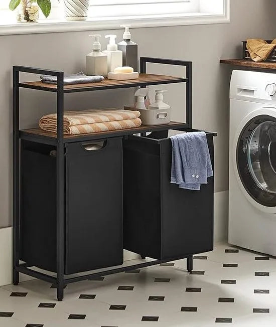 Furnstar Wasmand 92L – 2 Compartimenten – Met 2 Planken – Uitschuifbare Waszakken – Stevig Metalen Frame – Vintage Bruin/Zwart