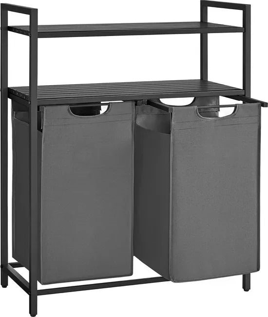 Furnstar Wasmand 92L – 2 Compartimenten – Met 2 Planken – Uitschuifbare Waszakken – Stevig Metalen Frame – Vintage Bruin/Zwart – Grijs; zwart 2 x 46